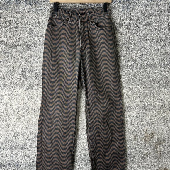Ragged Jeans Denim Pants Womens 26 Brown Black Wavy Stripe Print Straight Leg - Picture 1 of 9
